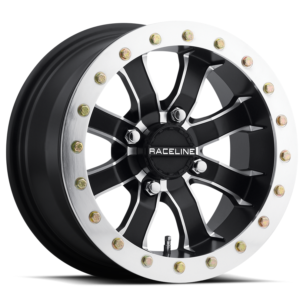 A71 Mamba Beadlock wheel featuring a sleek black finish with a polished aluminum lip and bolt accents for off-road performance.