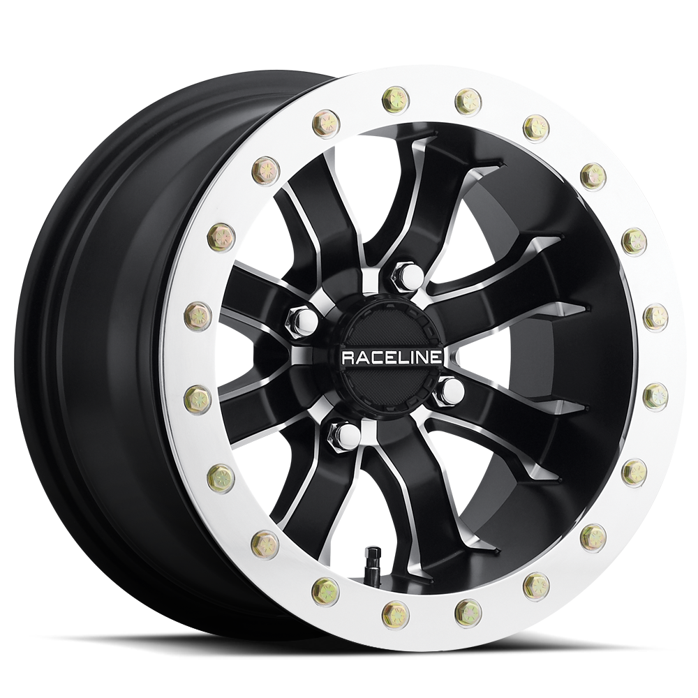 A71 Mamba Beadlock wheel featuring a black finish with a polished silver lip and intricate spoke design for offroad vehicles.