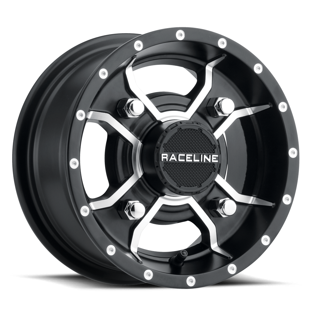 Black A77 Mamba wheel with a bold design, featuring silver accents and a central Raceline logo, ideal for offroad vehicles.