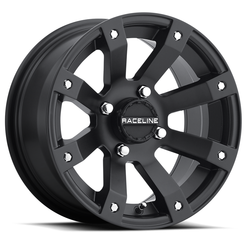 A79 Scorpion wheel by Raceline featuring a matte black finish and a bold, multi-spoke design for offroad vehicles.