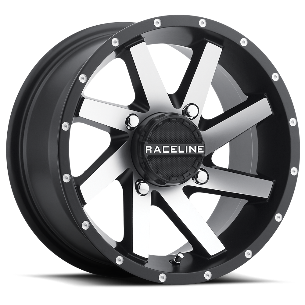 A82M Twist wheel featuring a sleek black finish with silver accents and a bold Raceline center cap, ideal for offroad vehicles.