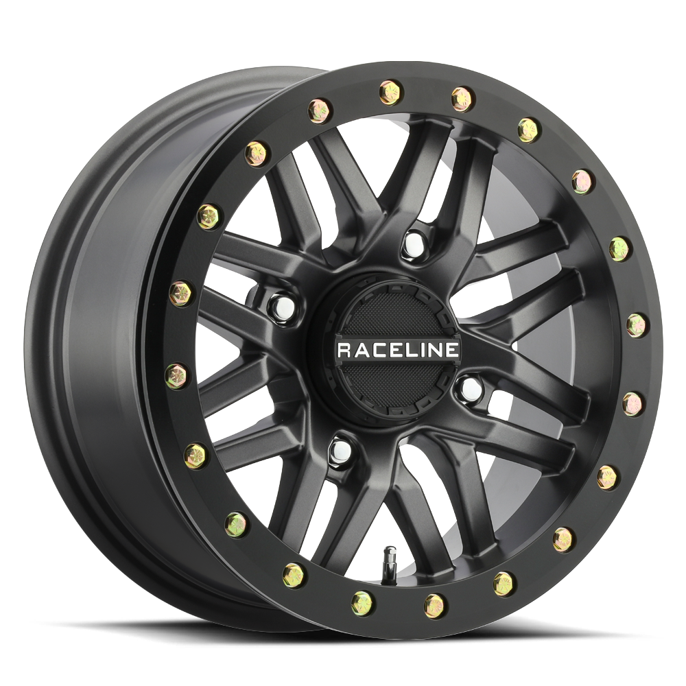 A91G Ryno Beadlock wheel featuring a sleek black finish and colorful beadlock hardware, ideal for offroad vehicles.