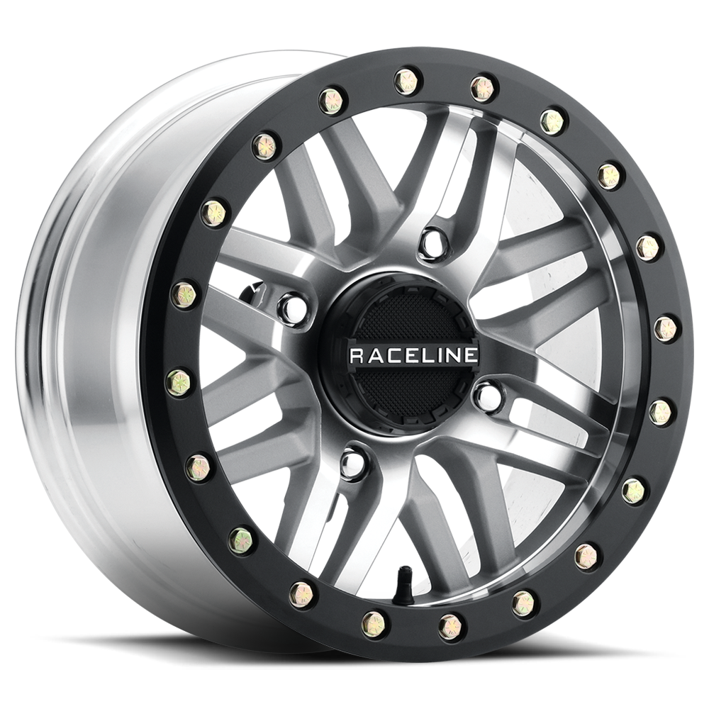 A91MA Ryno Beadlock wheel featuring a sleek design with a silver finish and black accents, ideal for offroad vehicles.
