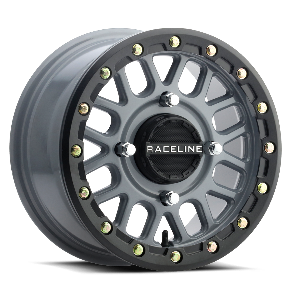 A93SG Podium Beadlock wheel by Raceline featuring a sleek gray finish and beadlock design for offroad performance.