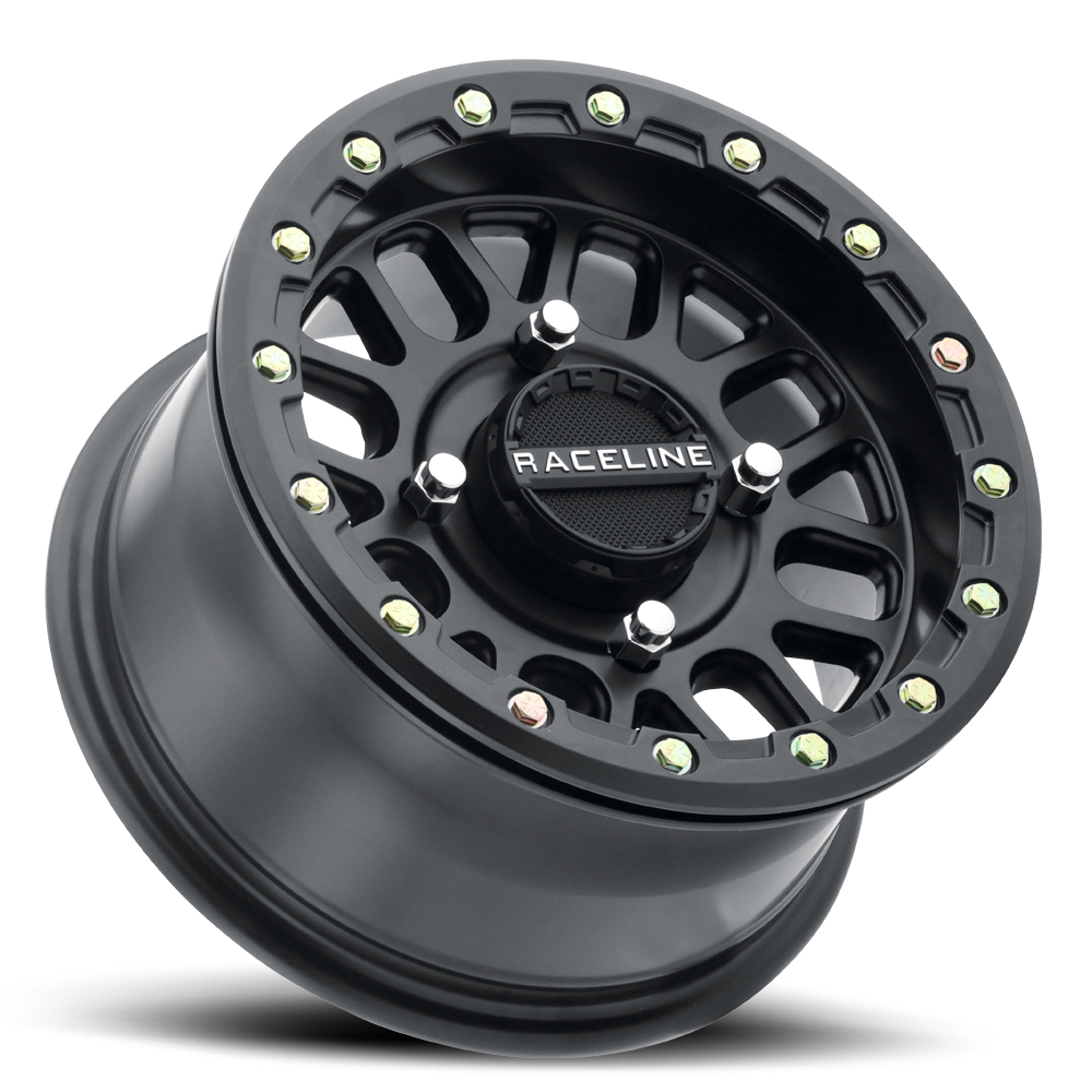 A93B Podium Beadlock wheel featuring a black finish and intricate spoke design, ideal for offroad vehicles.