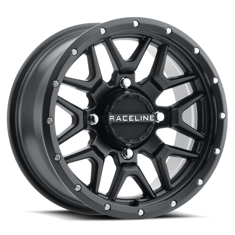 A94B Krank Simulated Beadlock wheel featuring a sleek black finish and intricate spoke design for offroad vehicles.