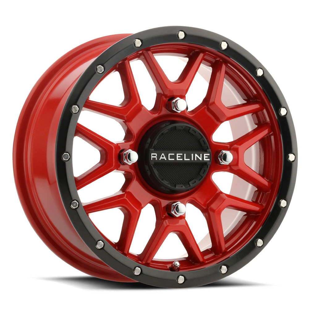 A94R Krank Simulated Beadlock wheel in red with a black rim, featuring a bold design and intricate spoke pattern.