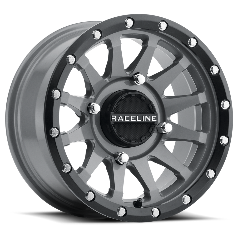 A95SG Trophy Simulated Beadlock wheel with a sleek gray finish and intricate spoke design, ideal for offroad vehicles.