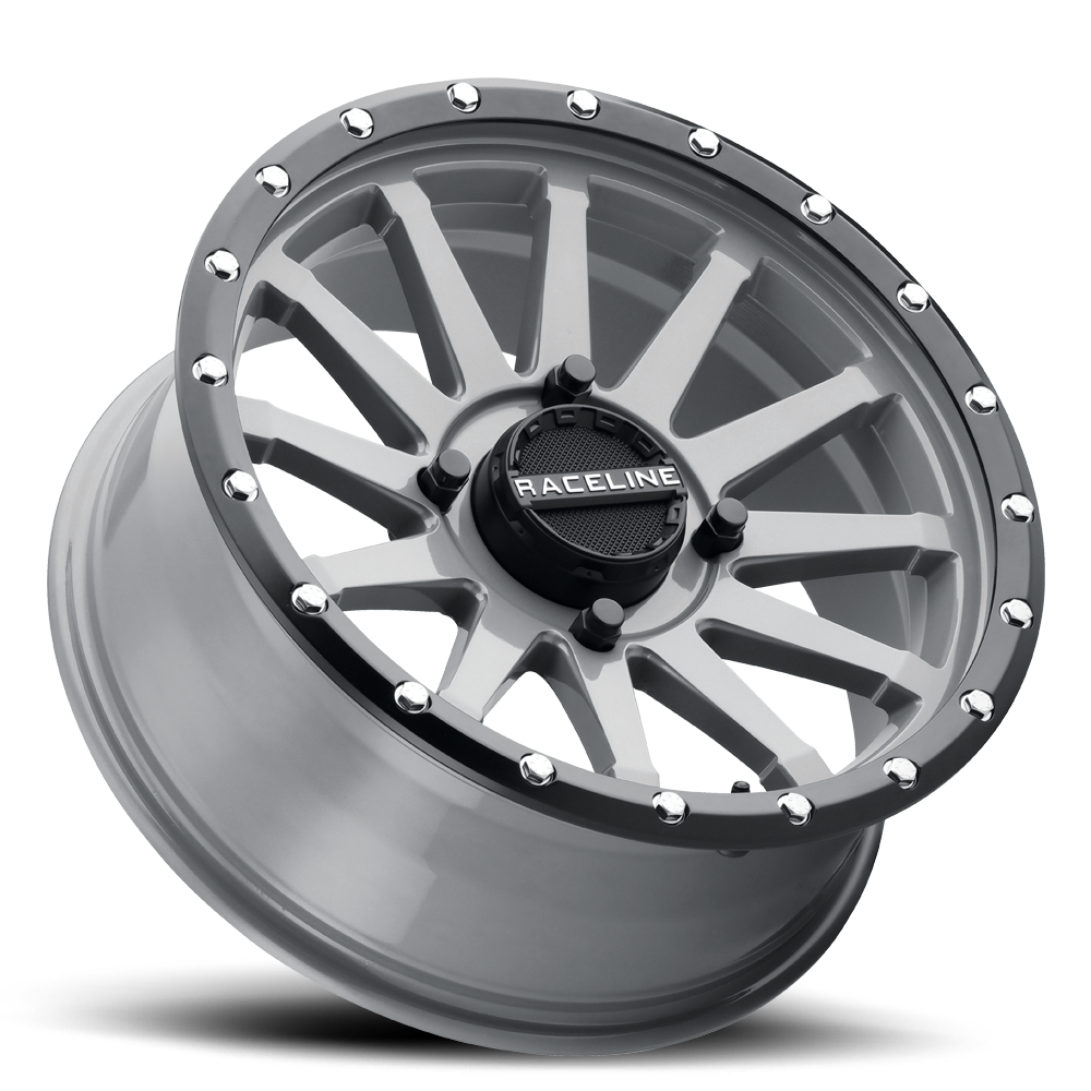 A95SG Trophy Simulated Beadlock wheel with a sleek gray finish and black center cap, designed for offroad vehicles.