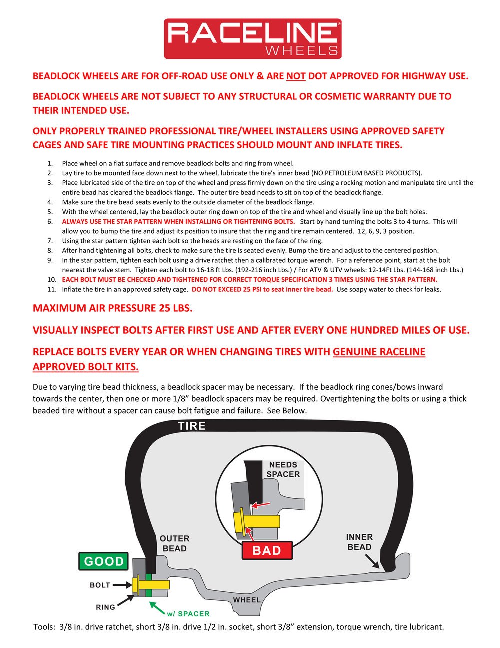 A91B Ryno Beadlock wheel installation guide with safety instructions and maintenance tips for off-road use.