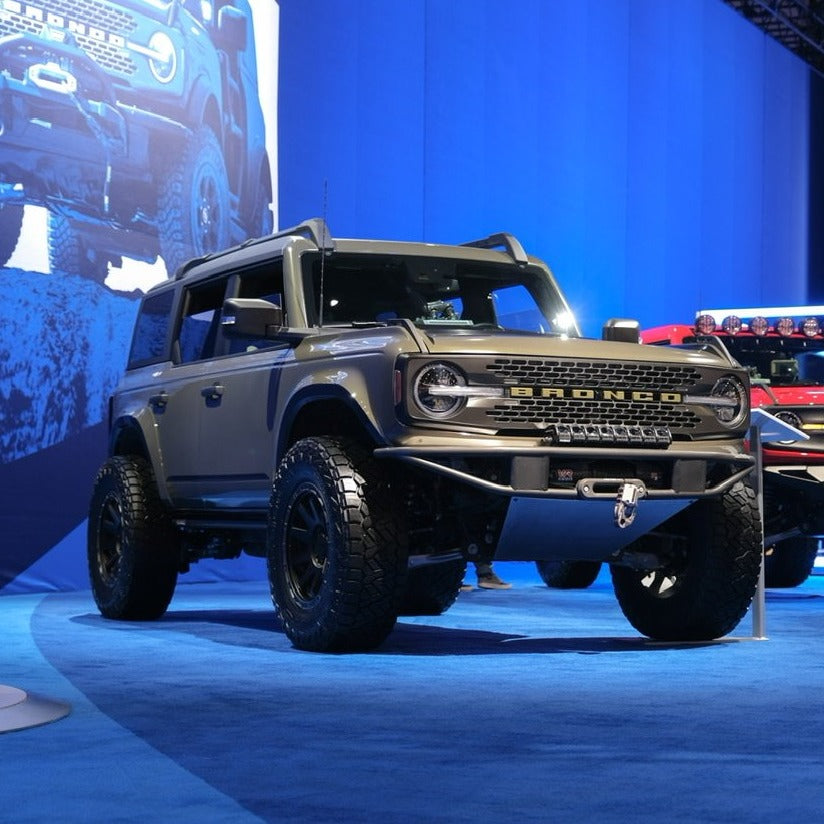 2021-2024 Ford Bronco 4-Door Rear Quarter Kit displayed on a modified Bronco with offroad tires and rugged design.