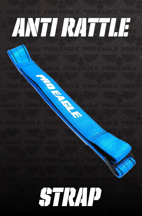 Blue anti-rattle strap designed to secure cargo and reduce movement during transport. Ideal for offroad enthusiasts.