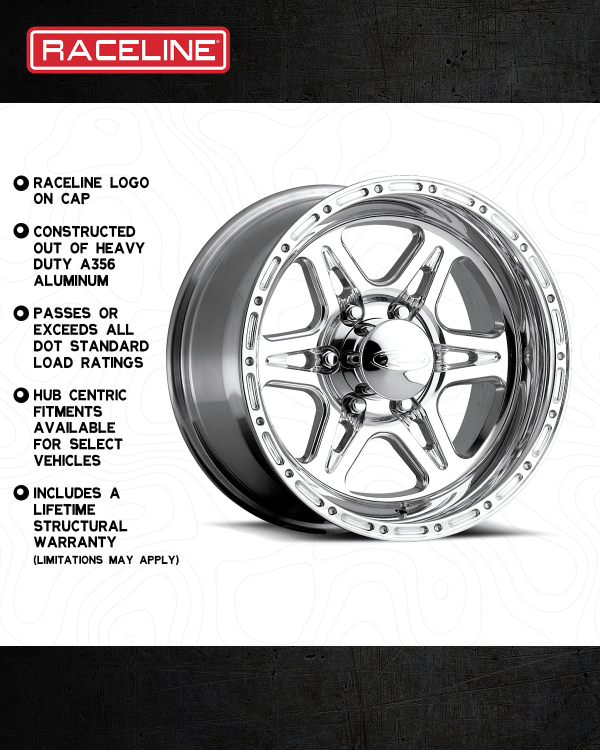 Raceline 886 Renegade wheel made from heavy-duty A356 aluminum, featuring a polished finish and hub-centric fitments.