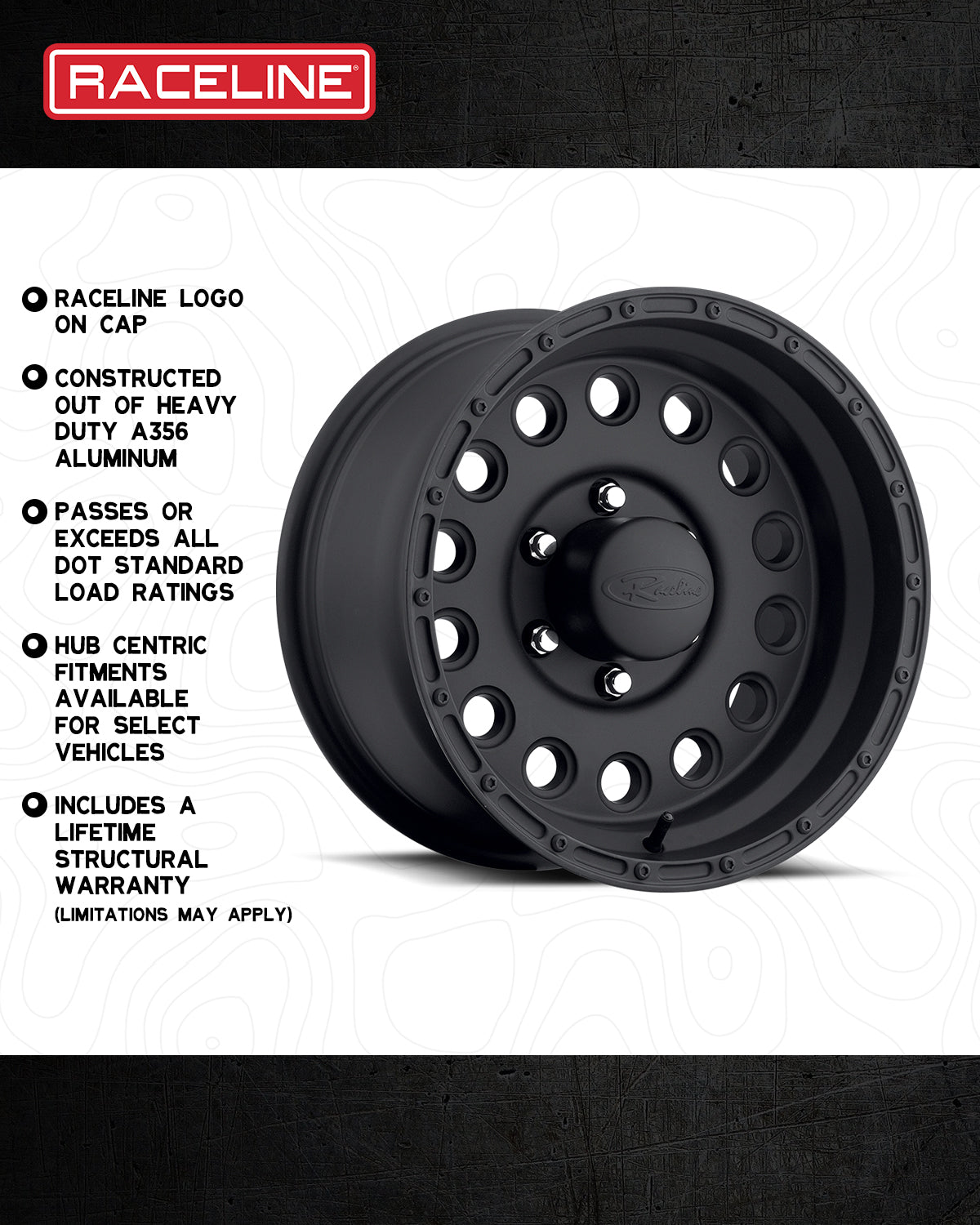 Raceline 887B Rockcrusher wheel featuring a matte black finish, heavy-duty aluminum construction, and hub-centric fitments.