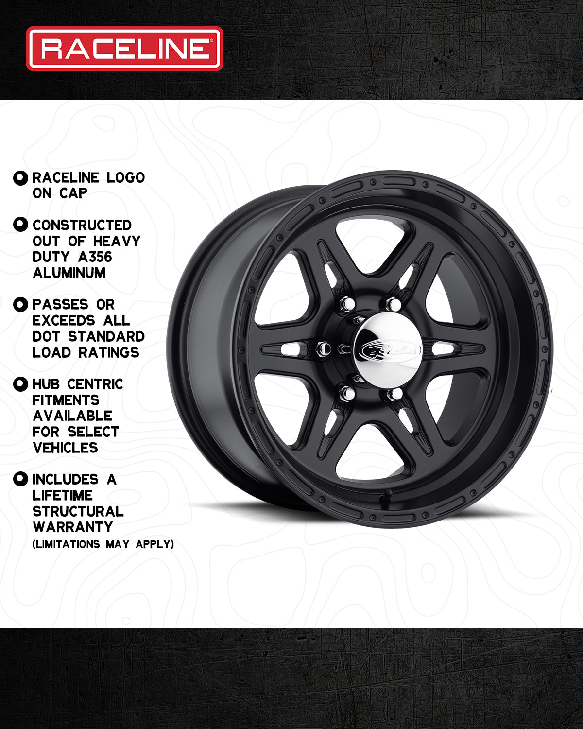 Black Raceline Renegade wheel featuring a heavy-duty aluminum construction, designed for offroad performance and durability.