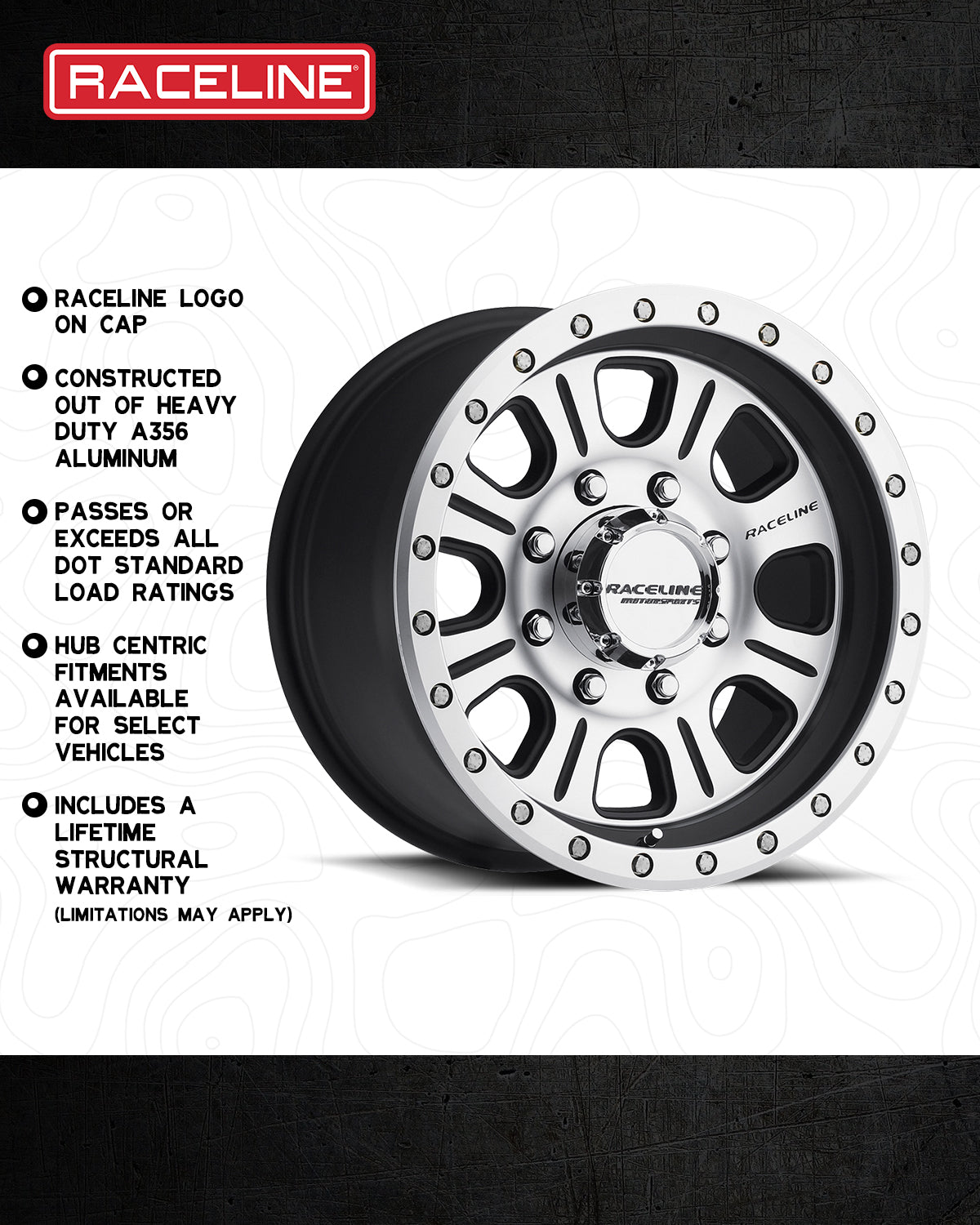 Raceline 928M Monster wheel featuring heavy-duty aluminum construction and a polished finish, designed for durability and style.