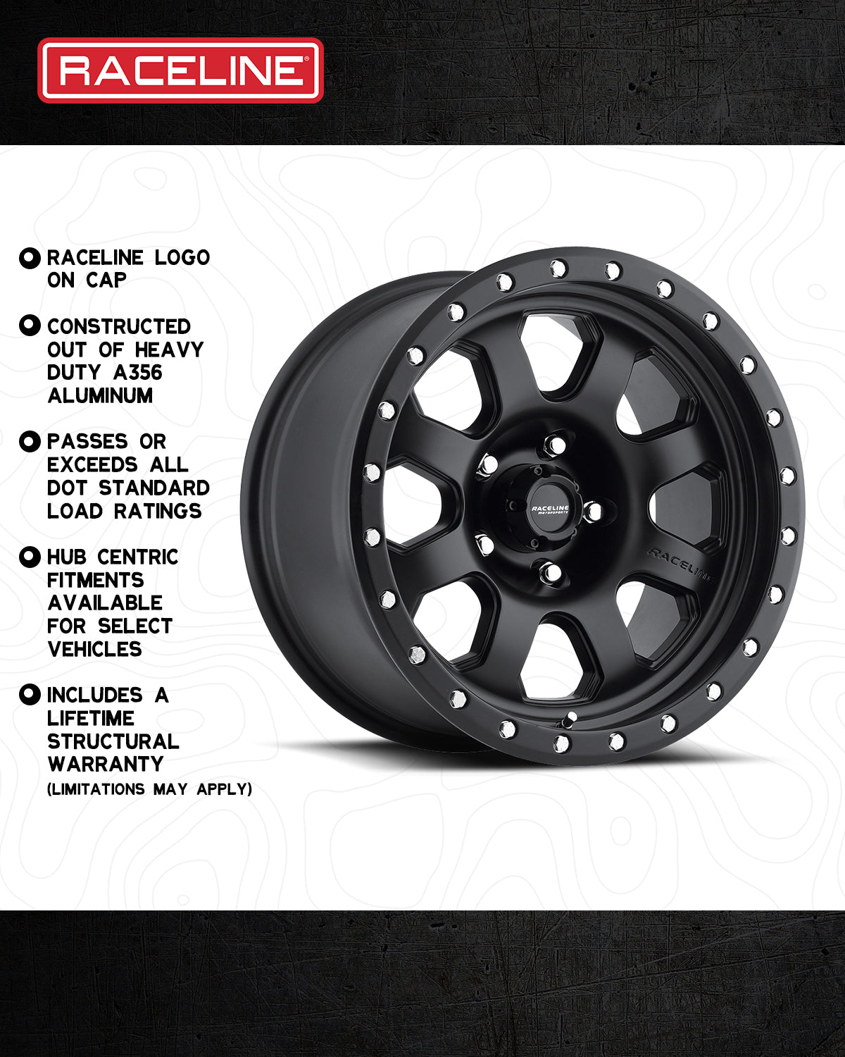 Black 929B Avenger wheel by Raceline, featuring heavy-duty aluminum construction and a lifetime structural warranty.