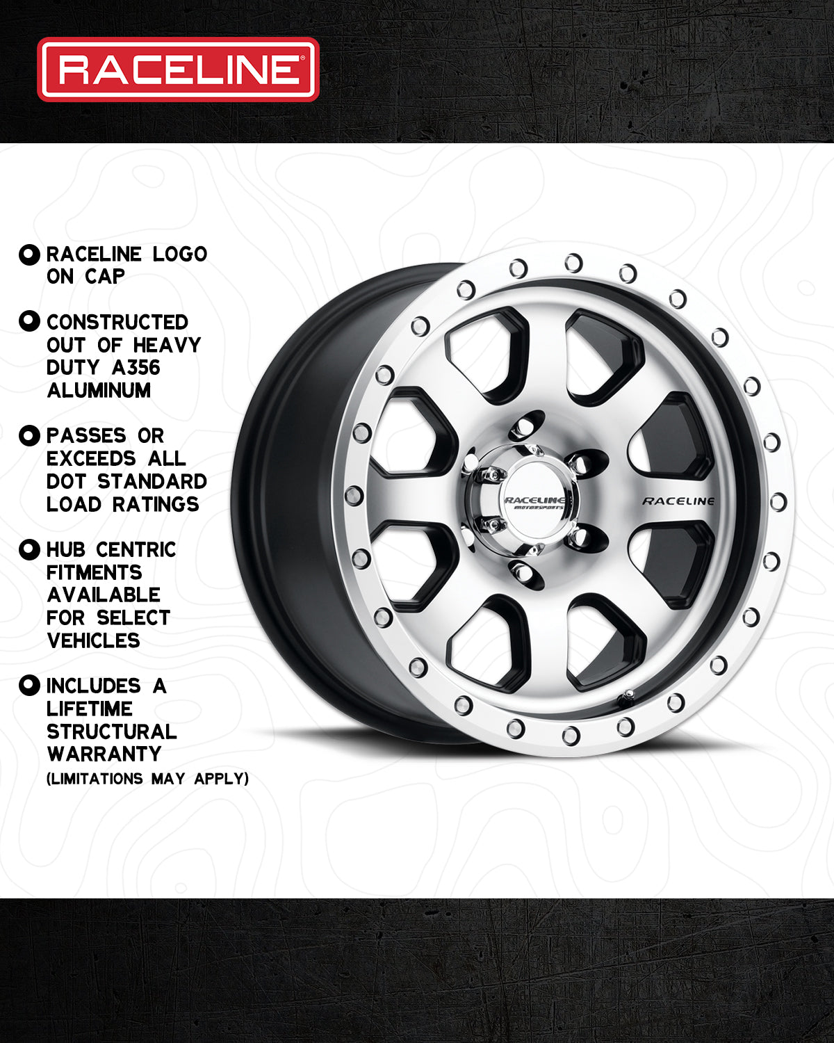 Raceline 929M Avenger wheel featuring a polished finish, heavy-duty aluminum construction, and hub-centric fitments.