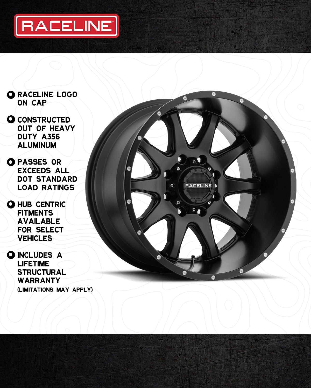 Raceline 930B Shift wheel featuring heavy-duty A356 aluminum construction, hub-centric fitments, and a lifetime warranty.