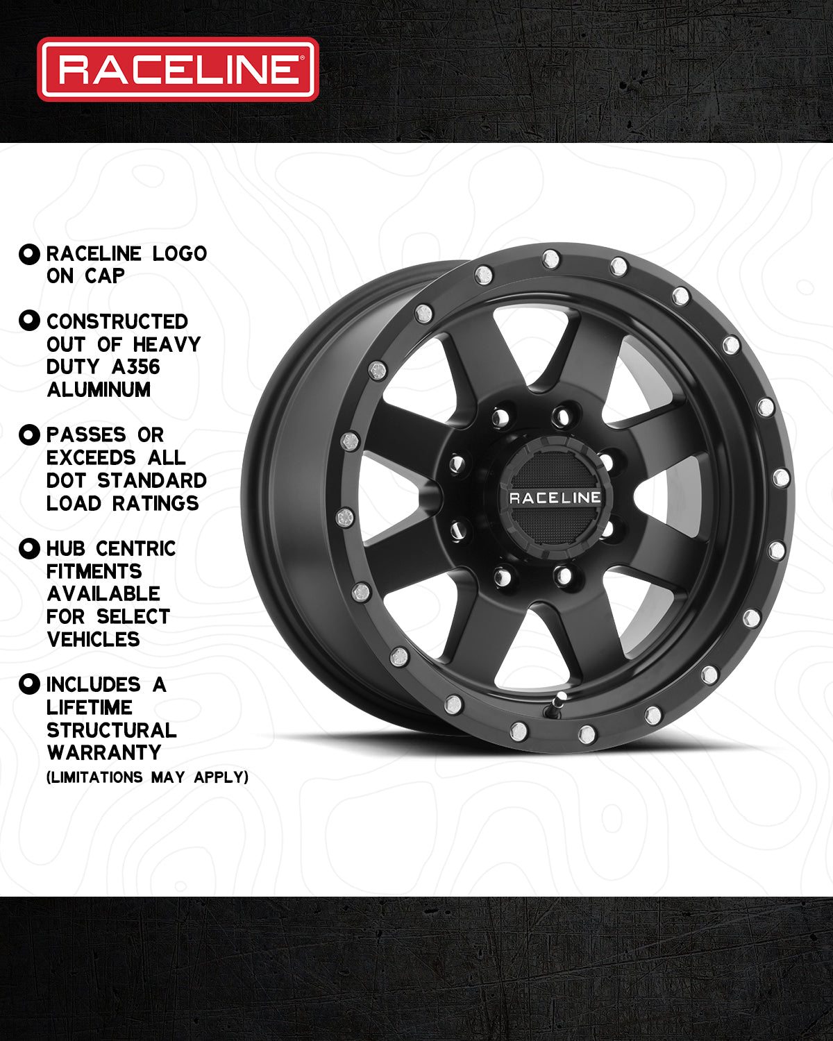 Raceline 935B Defender wheel features heavy-duty A356 aluminum construction with a black finish and polished accents.
