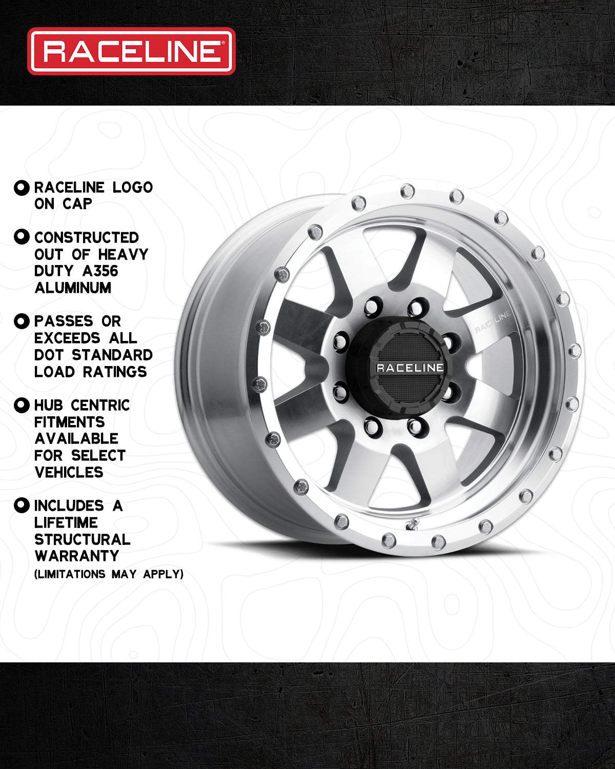 Raceline 935MC Defender wheel featuring heavy-duty A356 aluminum construction and hub-centric fitments for various vehicles.