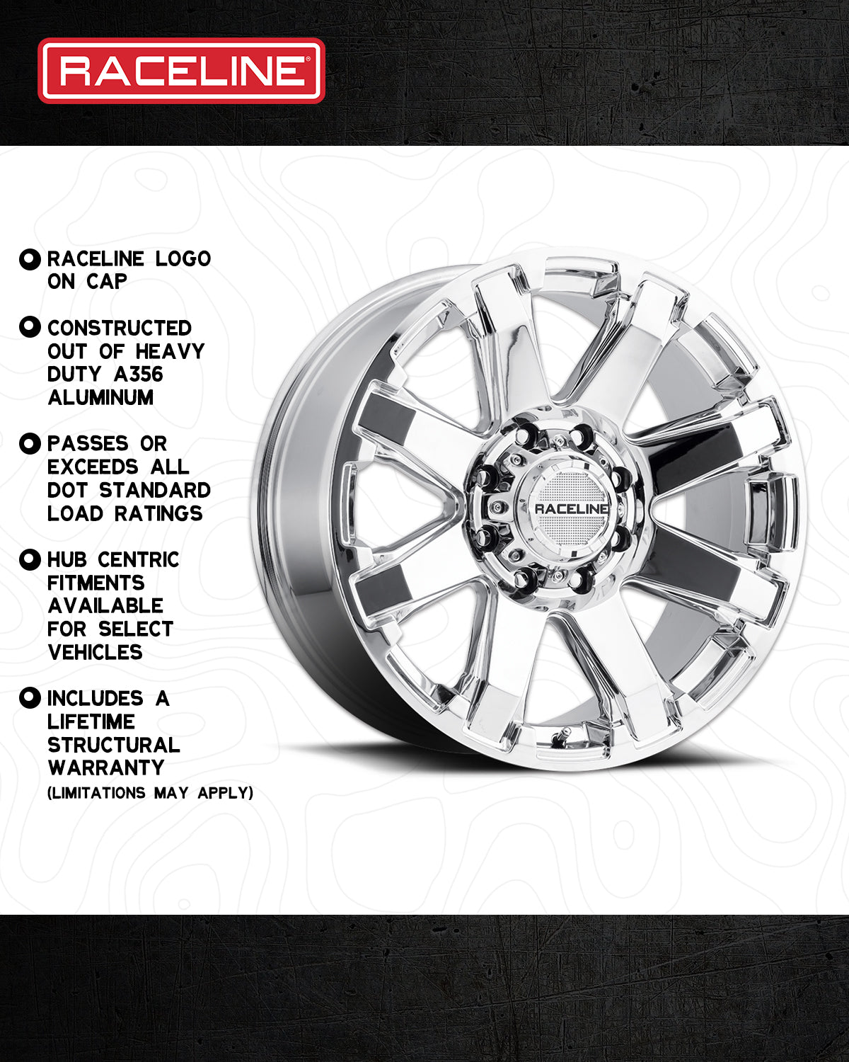 Raceline 936C Throttle wheel featuring a polished finish, heavy-duty aluminum construction, and hub-centric fitments for select vehicles.