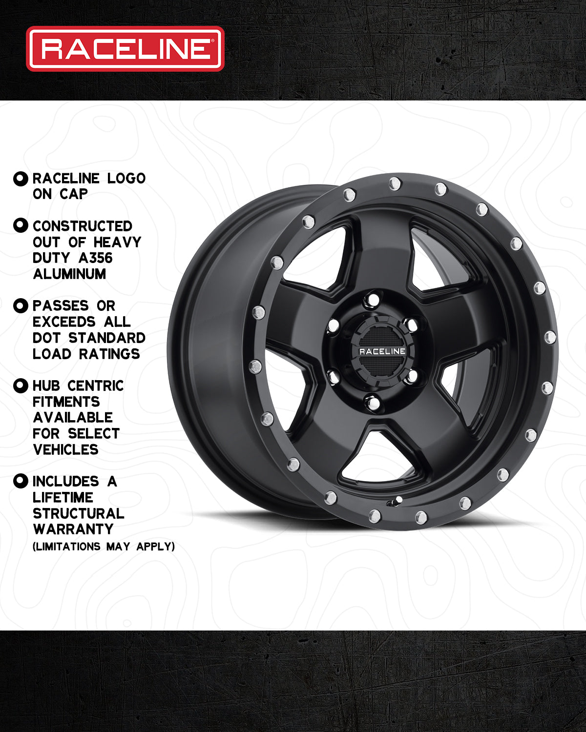 Black 937B Combat wheel by Raceline, made from heavy-duty A356 aluminum, featuring a stylish design and lifetime warranty.