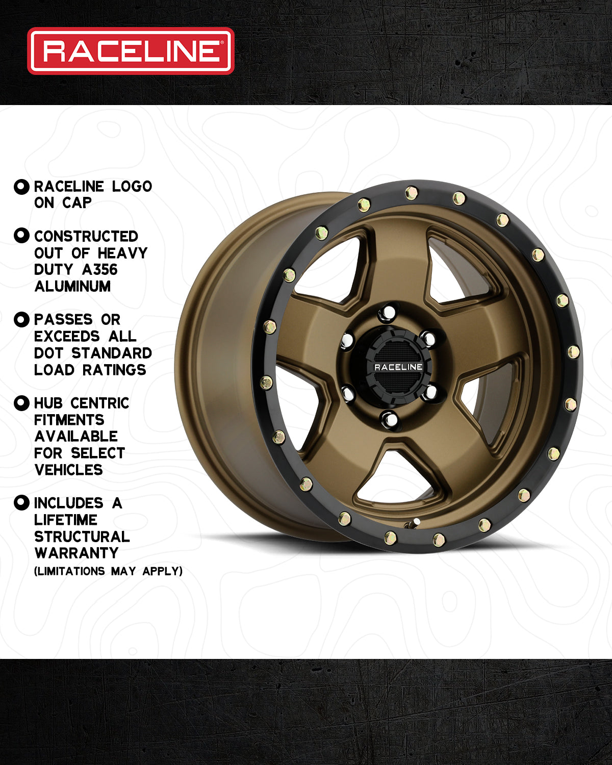 Raceline 937BZ Combat wheel featuring a bronze finish, heavy-duty aluminum construction, and hub-centric fitments.