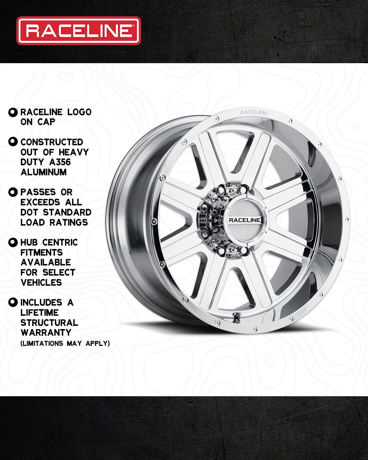 Aluminum Raceline 940C Hostage wheel with a polished finish, featuring a bold design and hub-centric fitment for select vehicles.