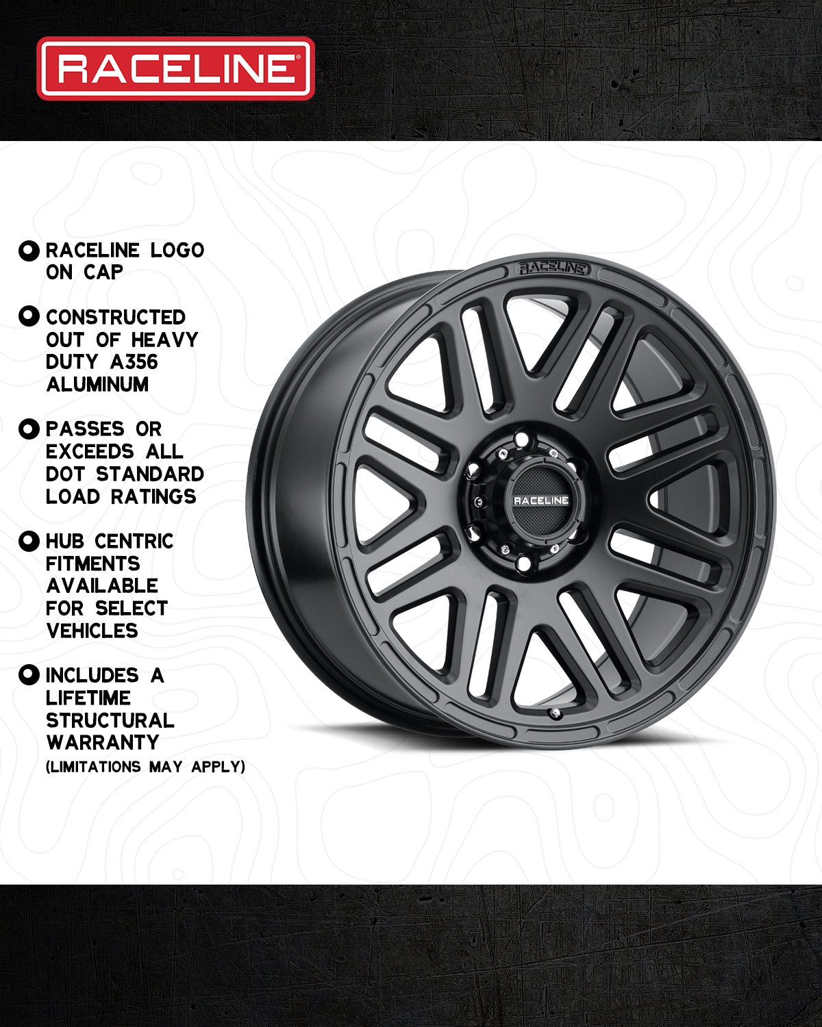 Black Raceline 944B Outlander wheel featuring a heavy-duty aluminum construction and hub-centric fitments for select vehicles.