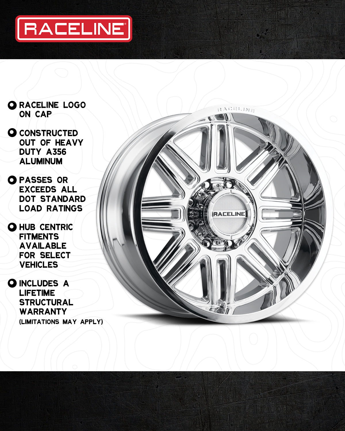 Raceline 948C Split wheel featuring a polished finish, made from heavy-duty aluminum, designed for durability and performance.