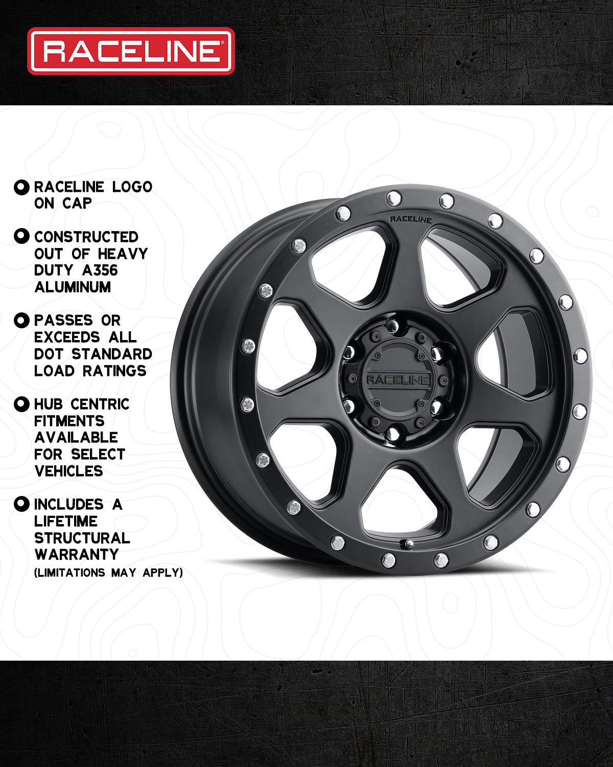 Raceline 949B 7X wheel featuring heavy-duty A356 aluminum construction and hub-centric fitments for select vehicles.