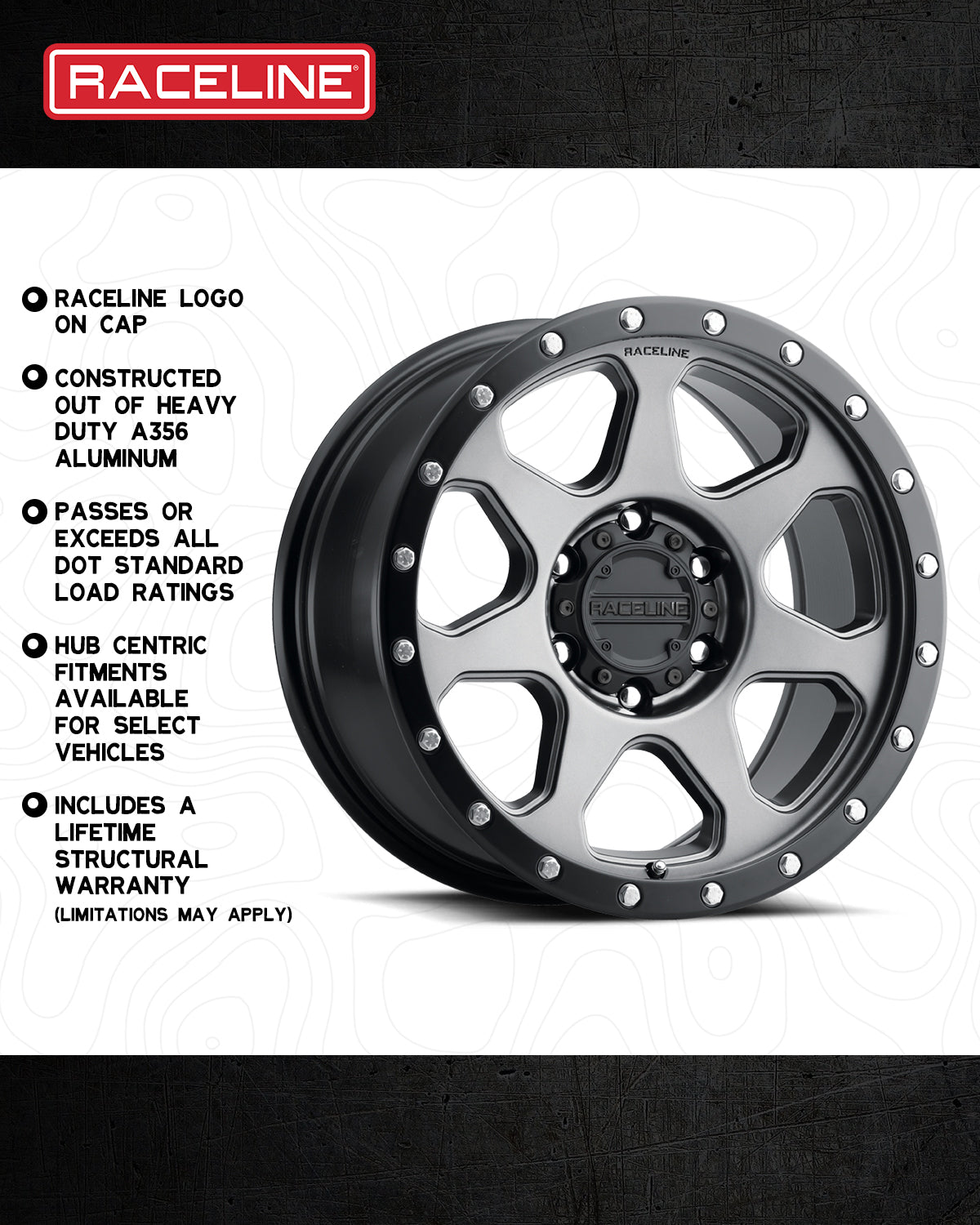 Raceline 949G 7X wheel featuring heavy-duty A356 aluminum construction, hub-centric fitments, and a lifetime structural warranty.