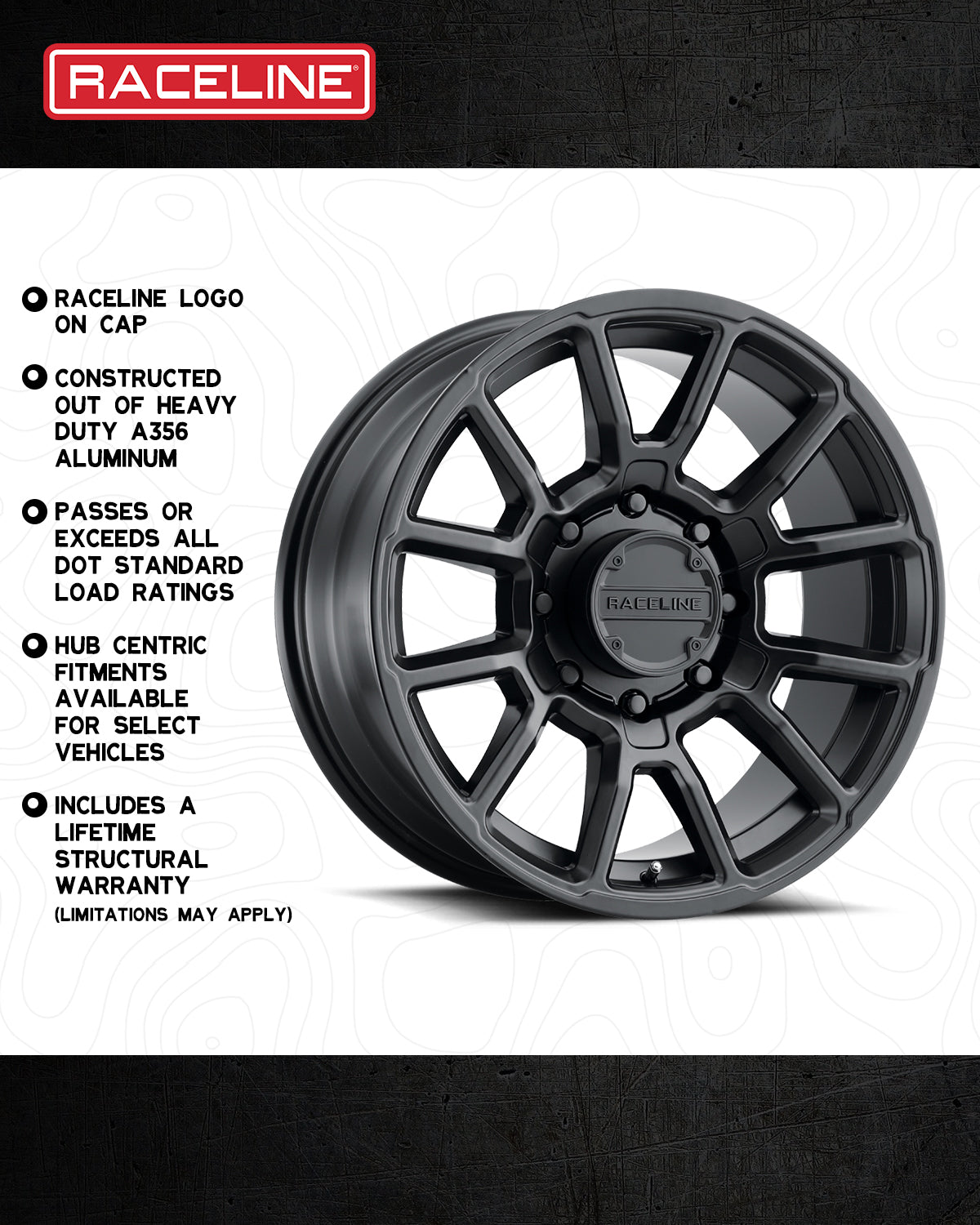 950B Gauge wheel by Raceline, made from heavy-duty A356 aluminum, featuring a sleek black finish and hub-centric fitment.
