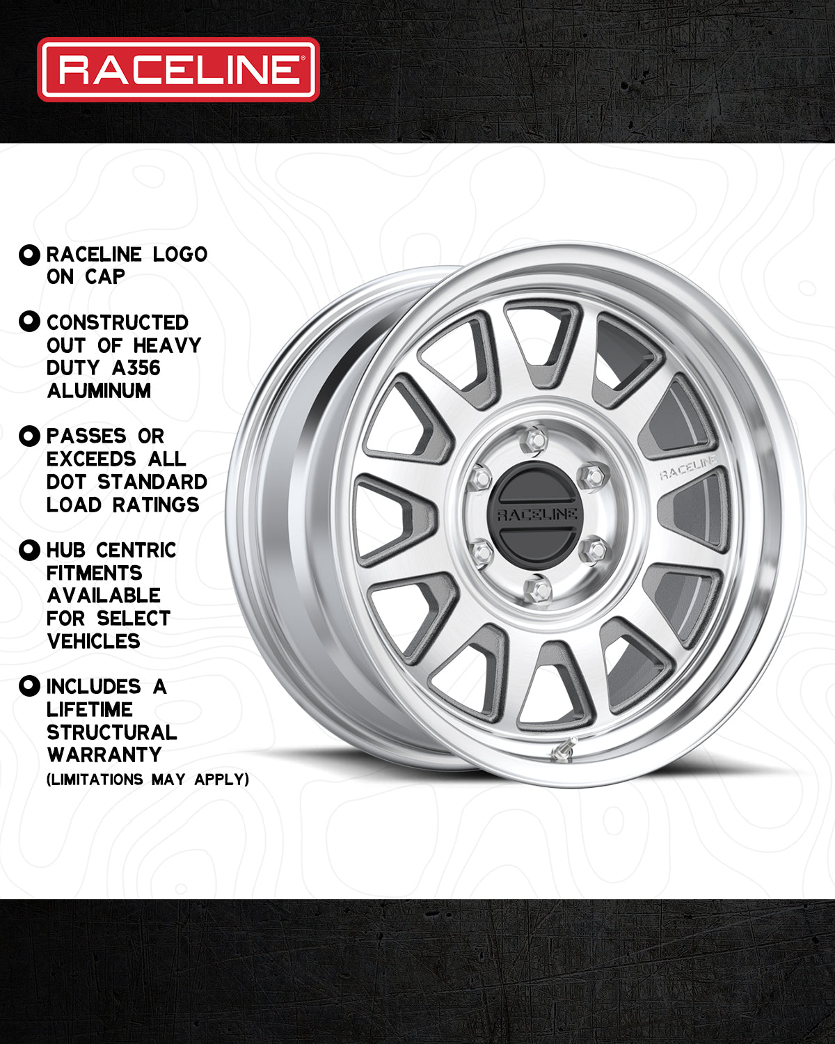 Aero HD wheel by Raceline, featuring a polished finish, designed for durability with heavy-duty aluminum construction.