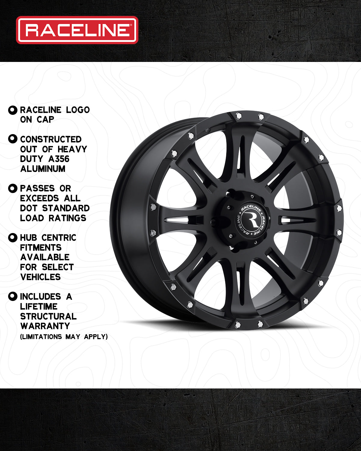 Raceline 981 Raptor Black wheel features heavy-duty A356 aluminum construction and hub-centric fitments for select vehicles.