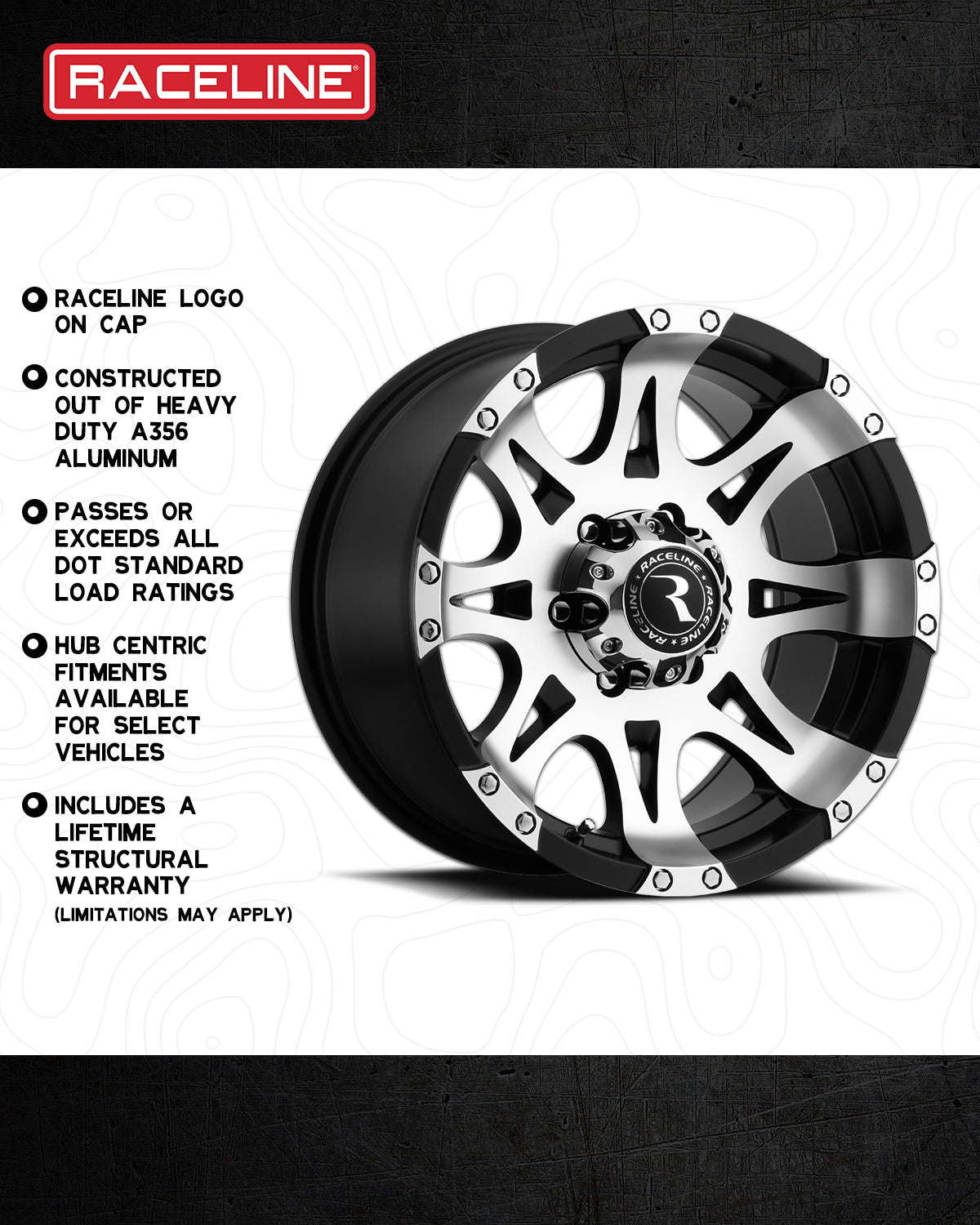 Machined Raptor wheel by Raceline featuring a sleek design, heavy-duty aluminum construction, and lifetime warranty.