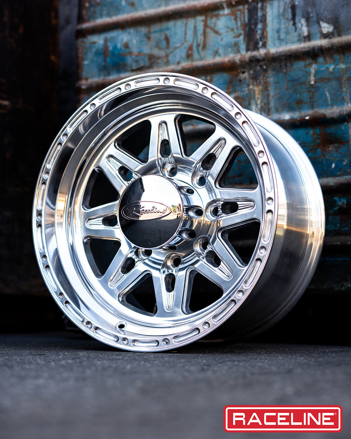 Polished aluminum Renegade wheel by Raceline, featuring a multi-spoke design and a shiny finish, ideal for offroad vehicles.