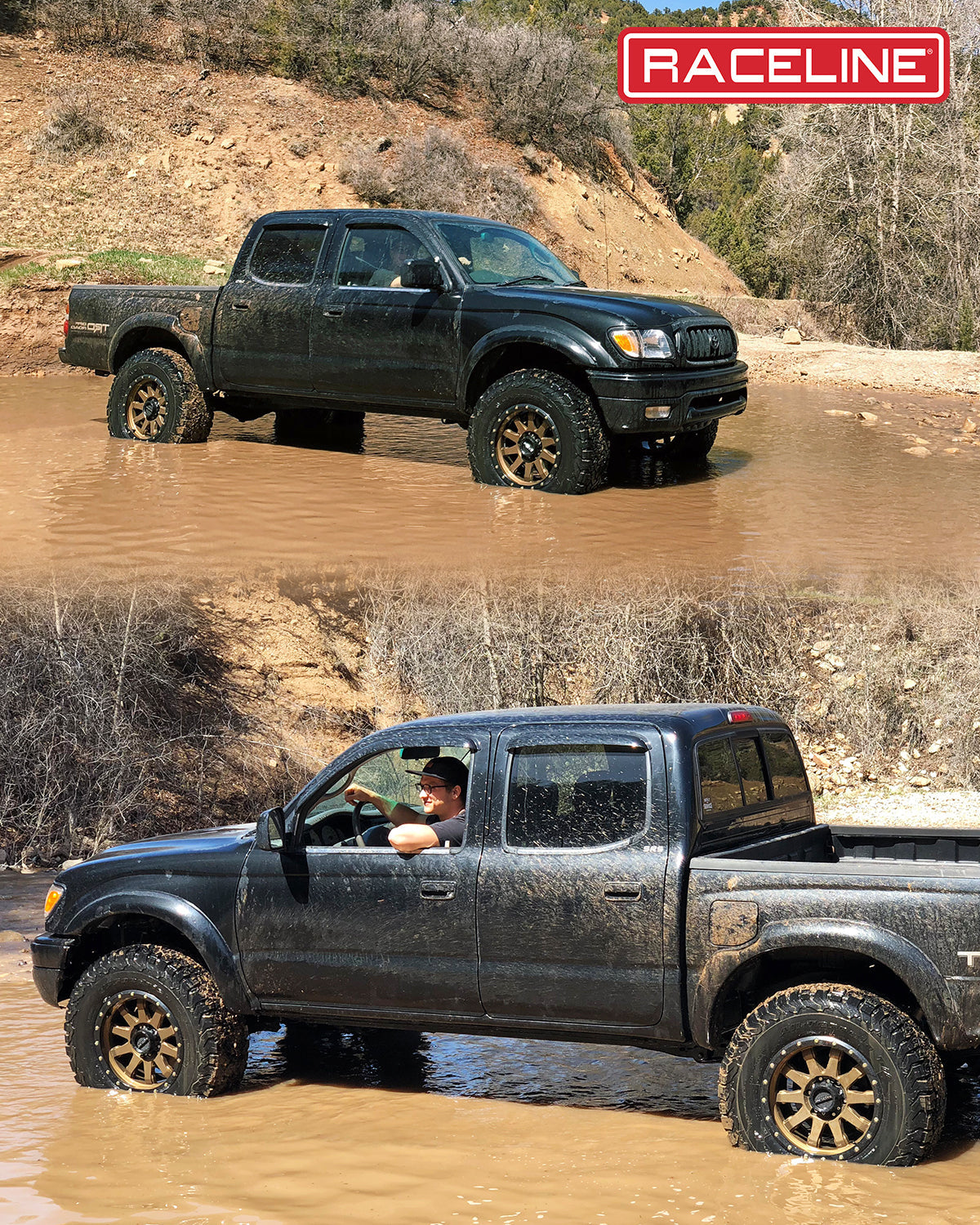 Black pickup truck equipped with Raceline wheels, navigating through muddy water, showcasing offroad capability.