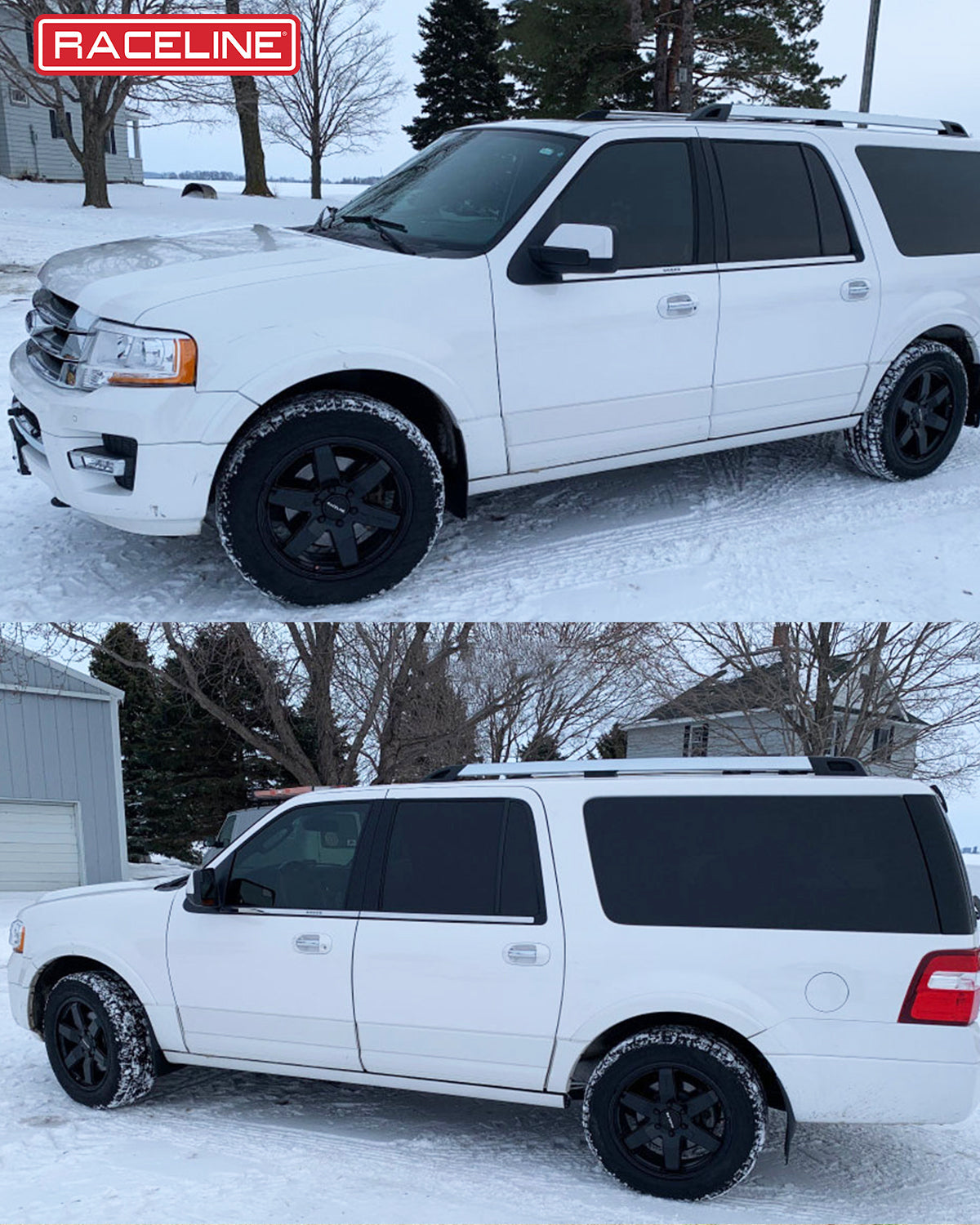 White SUV with black wheels parked in snowy terrain, showcasing the 942B Addict rims by Raceline.