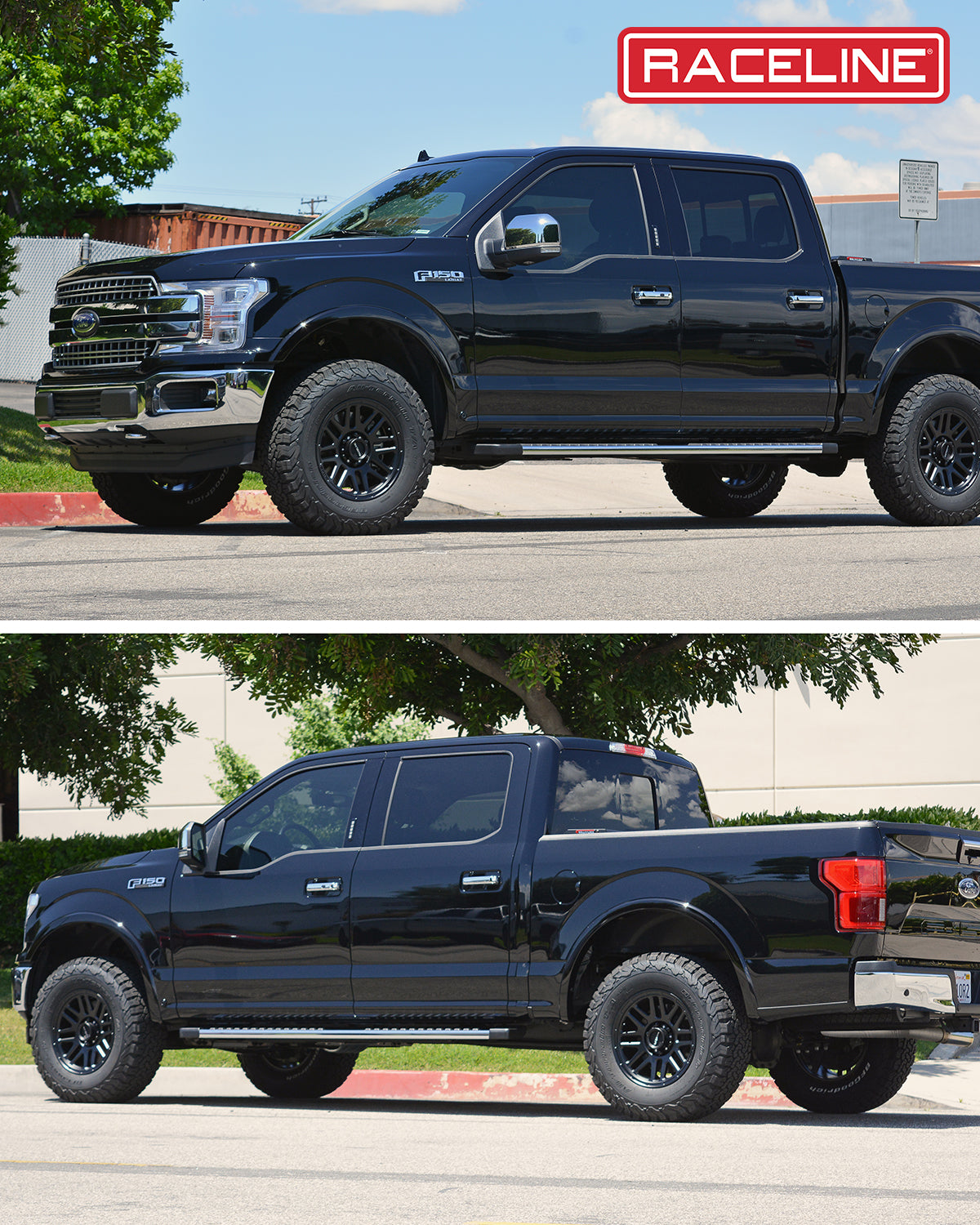 Black Ford truck with Raceline wheels, showcasing a rugged offroad design, parked in a sunny outdoor setting.