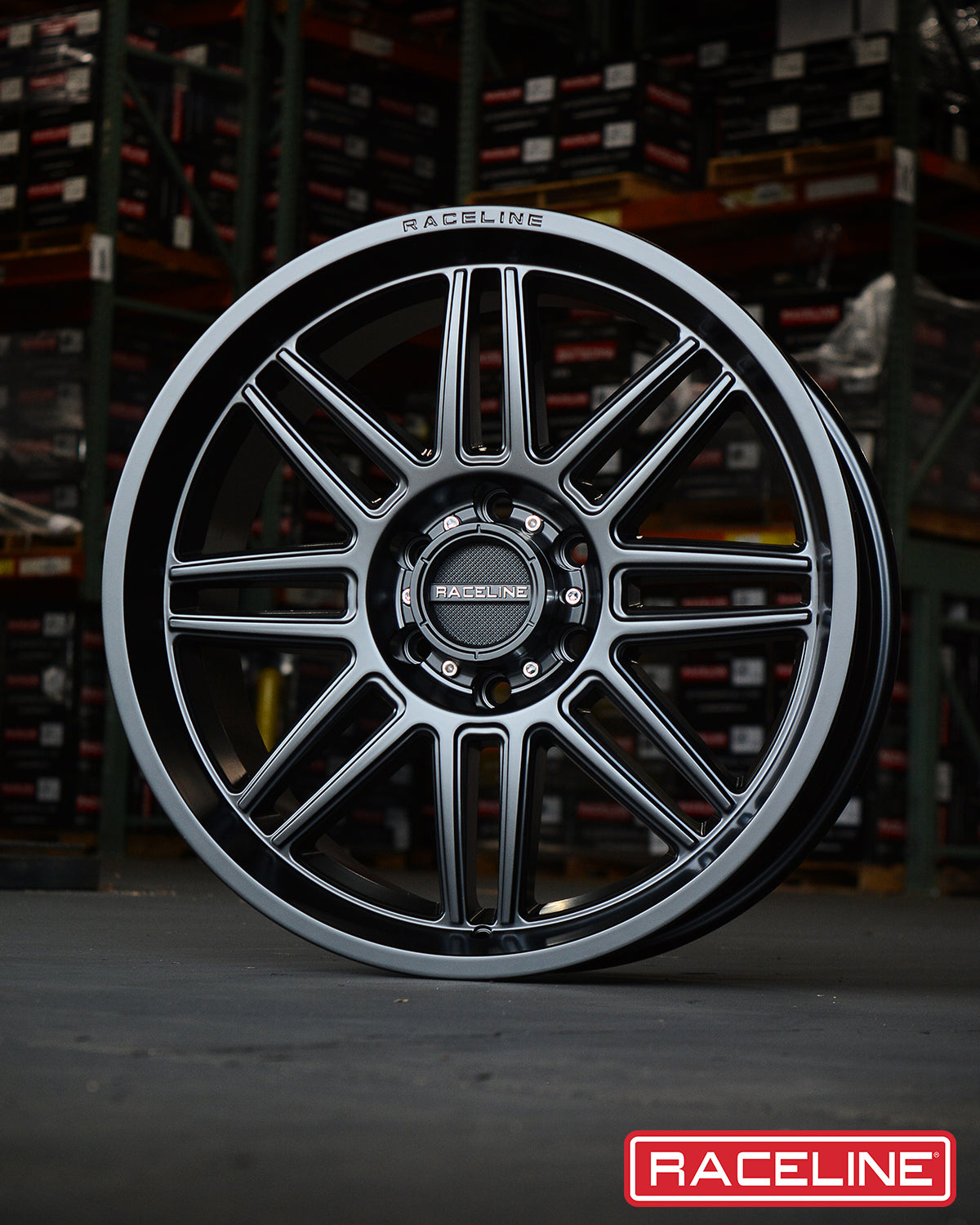 Raceline 948B Split wheel featuring a sleek black finish with polished accents, designed for trucks and SUVs.