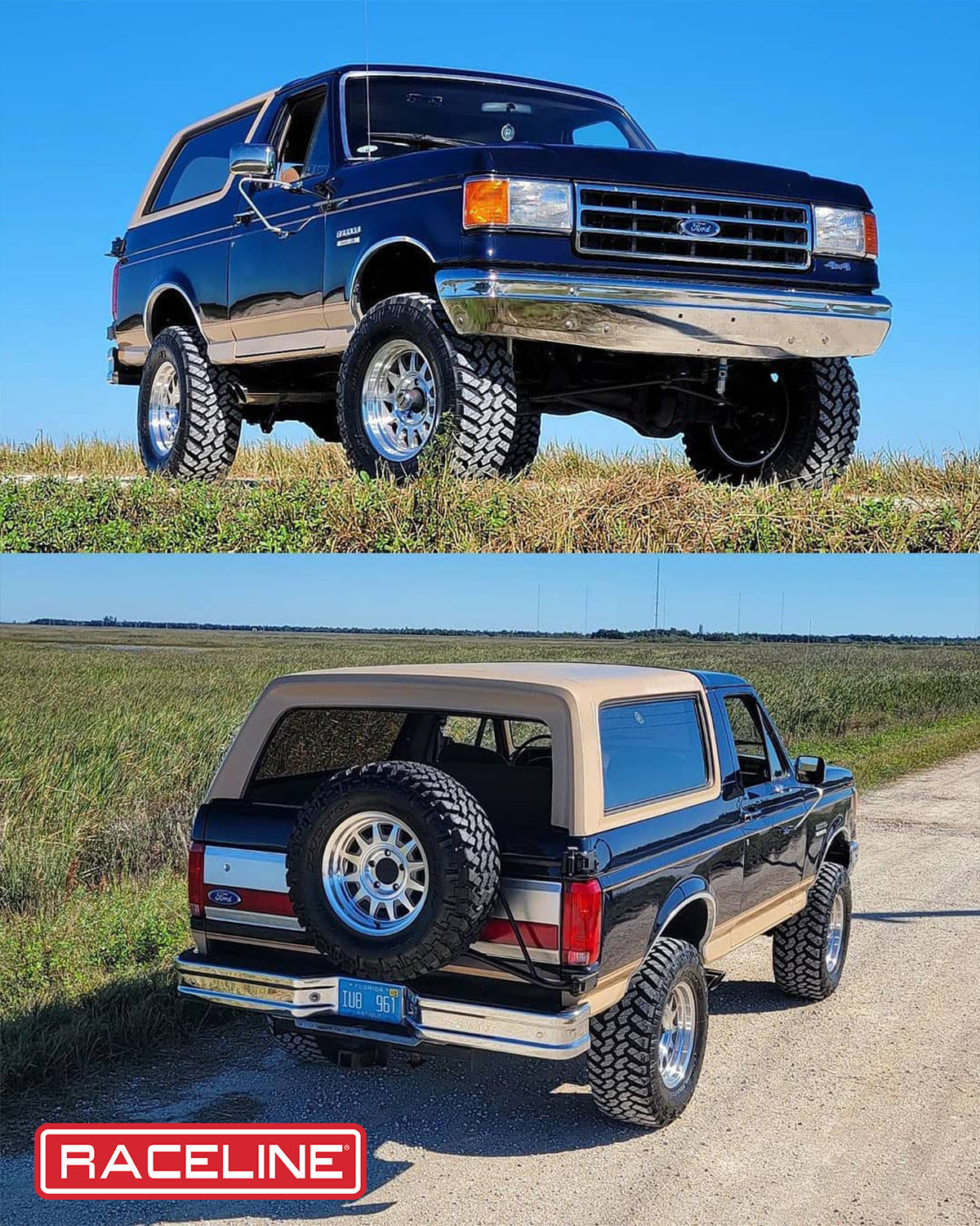 A Ford Bronco with a lifted stance and off-road tires, showcasing the 952MC Aero HD wheels against a clear blue sky.
