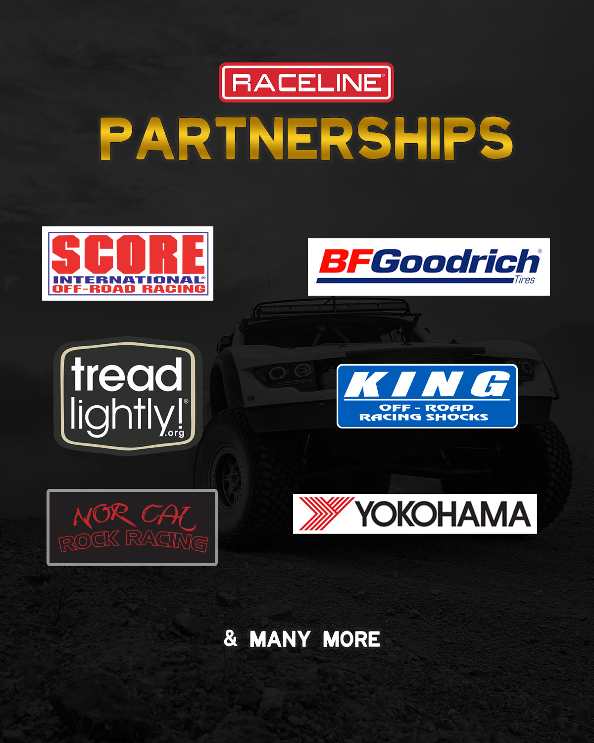 Raceline partnerships featuring logos of SCORE, BFGoodrich, Tread Lightly, KING Shocks, and Yokohama on an off-road vehicle background.