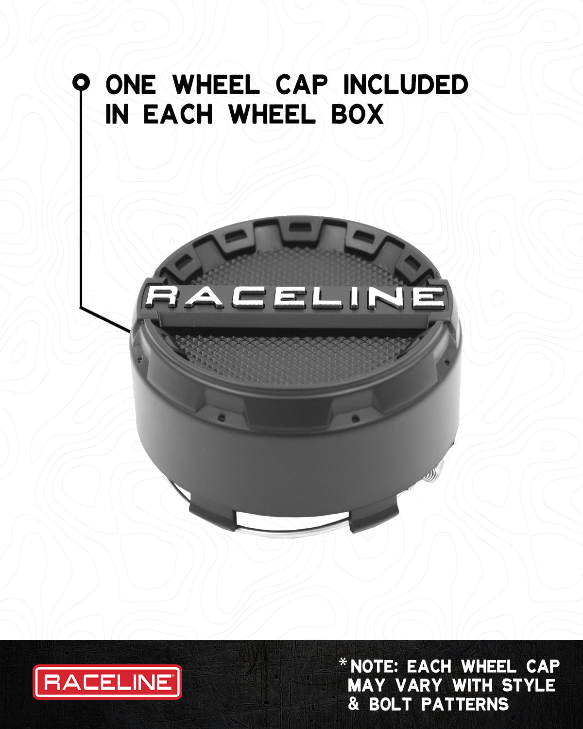 A79 Scorpion wheel cap featuring a black design with the Raceline logo, included with each wheel purchase.