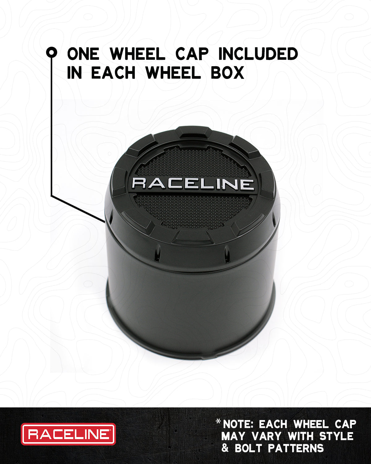 Black wheel cap for Raceline wheels, featuring a textured surface and logo, included with each wheel purchase.