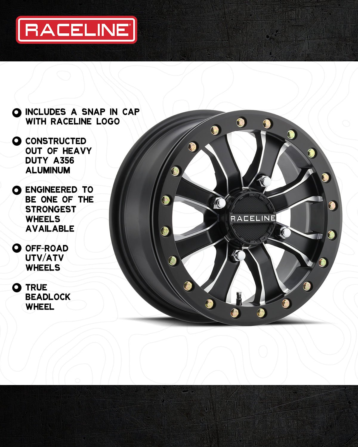 A71MB Mamba Beadlock wheel featuring a black finish, heavy-duty aluminum construction, and snap-in cap with Raceline logo.