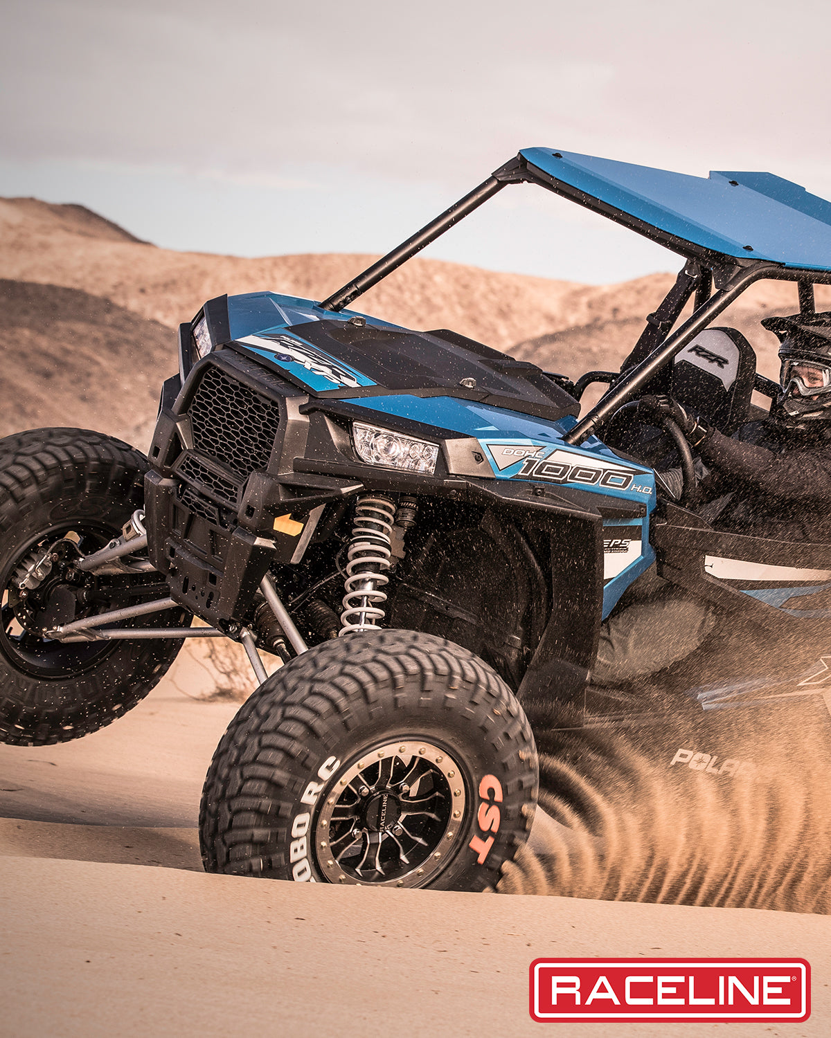 A71 Mamba Beadlock wheel on a UTV navigating sandy terrain, showcasing offroad performance and rugged design.
