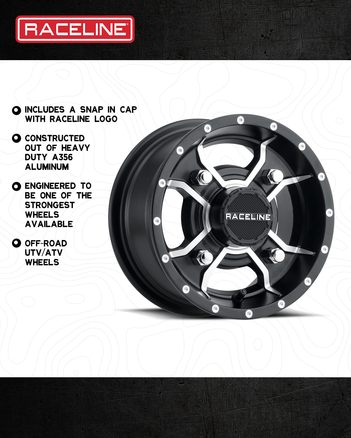 A77 Mamba off-road wheel by Raceline, featuring a black finish, heavy-duty aluminum construction, and a snap-in cap.