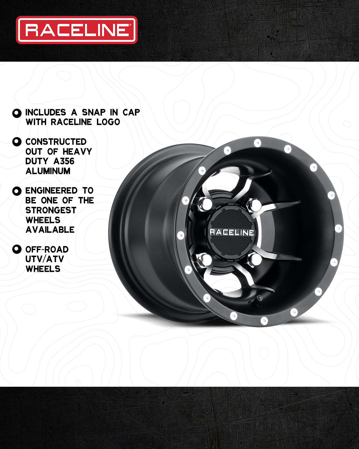 A77 Mamba off-road wheel featuring a heavy-duty aluminum construction and Raceline logo, designed for strength and durability.